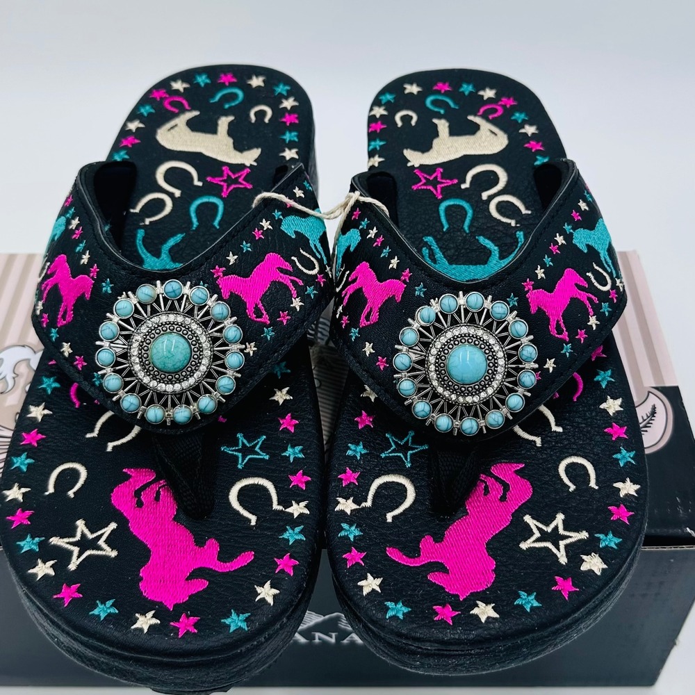Montana West Flip Flop Sandals Womens 9 Black Embroidered Horse Turquoise NEW